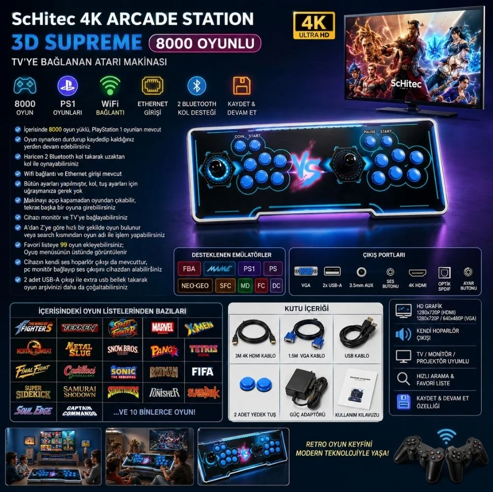 ScHitec 4K Arcade Station 3D Supreme 8000 Oyunlu TV Baglanan Atari Makinası