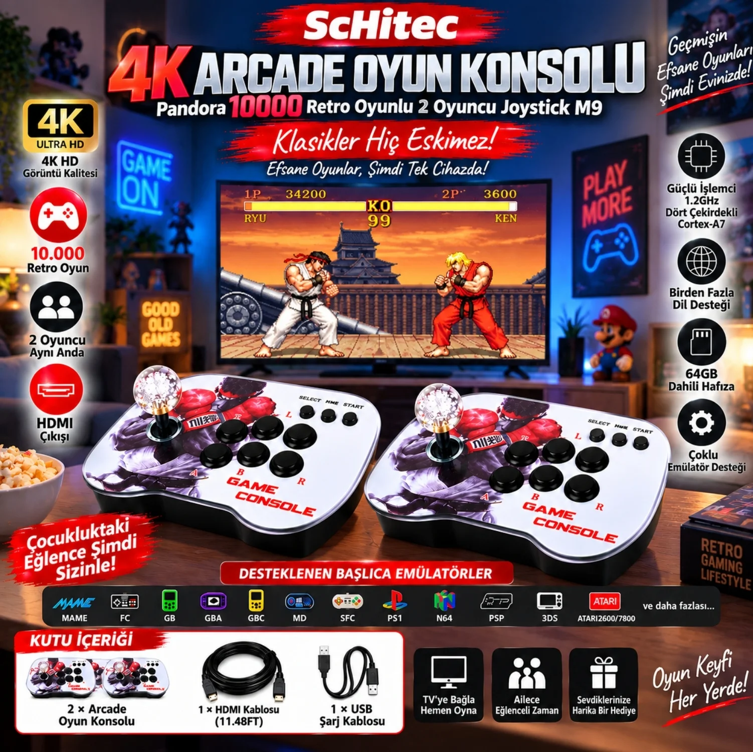ScHitec 4K Arcade Oyun Konsolu Pandora 10000 Retro Oyunlu 2 Oyuncu Joystick M9