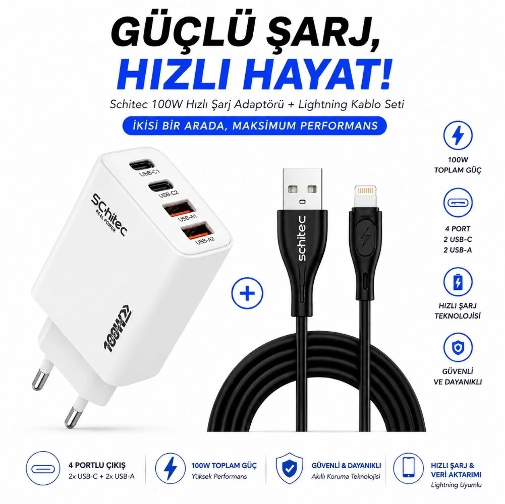 Schitec 100W 4 Port Hızlı Şarj Adaptörü + USB-A to Lightning Hızlı Şarj ve Data Kablosu 1 Metre Set