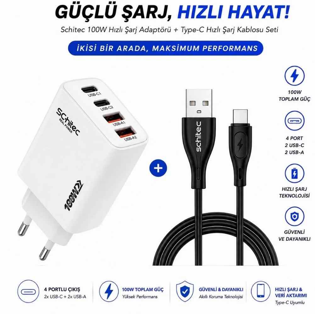Schitec 100W 4 Port Hızlı Şarj Adaptörü + 30W USB-A to Type-C Hızlı Şarj Data Kablosu Set