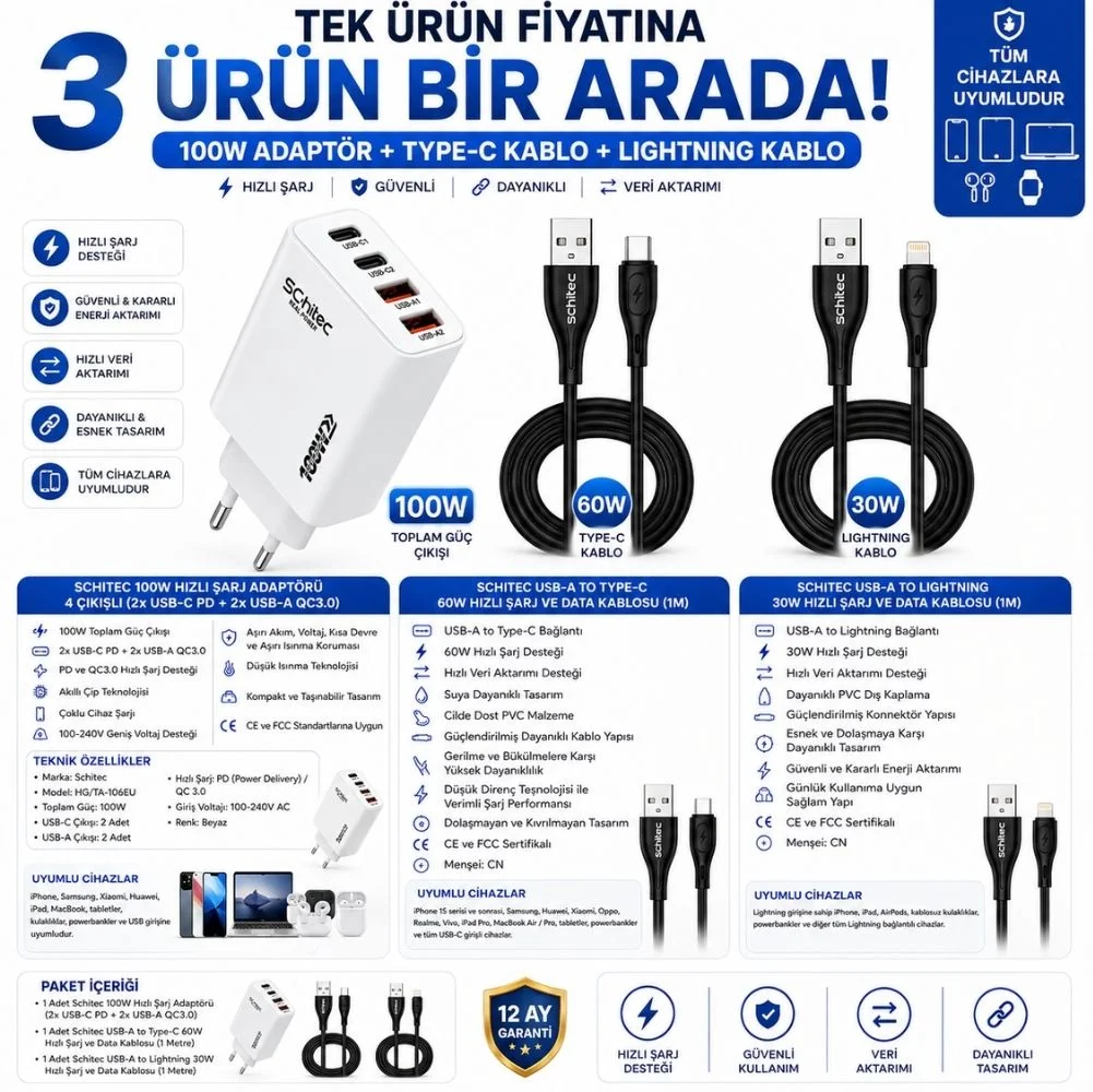 SChitec 100W Hızlı Şarj Adaptörü + USB-A to Type-C + USB-A to Lightning Hızlı Şarj ve Data Kablosu