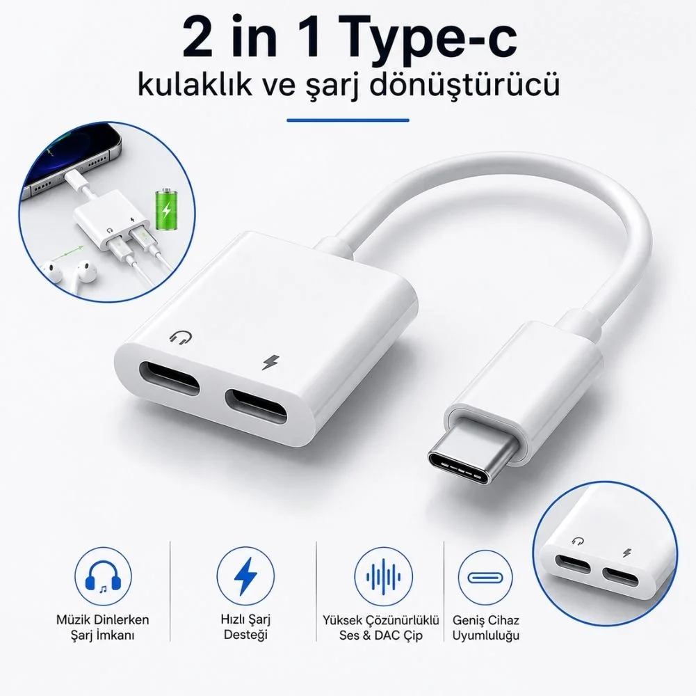 ScHitec 2in1 Type-C Kulaklık ve Şarj Dönüştürücü Hızlı Şarj Adaptör JH032