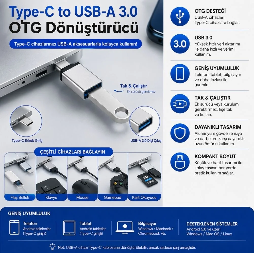 ScHitec Type-C to UsbA 3.0 OTG Dönüştürücü
