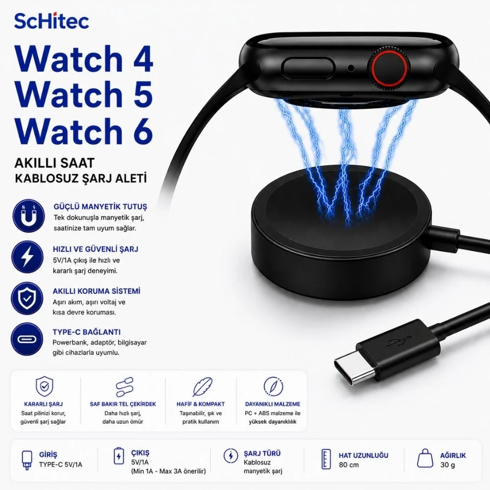 ScHitec Samsung Watch 4/Watch 5/ Watch 6 Uyumlu Type-C Girişli Fast Charge Akıllı Saat Şarj Cihazı