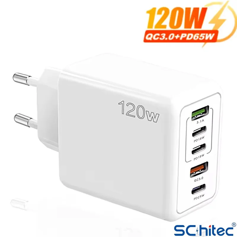 ScHitec 120W 3 Type-C + 2 UsbA Toplam 5 Çıkışlı Ev Tipi Şarj Aleti Set 6A 100W UsbA to Type-C 1Metre Süper Hızlı Data ve Şarj Kablosu SR30