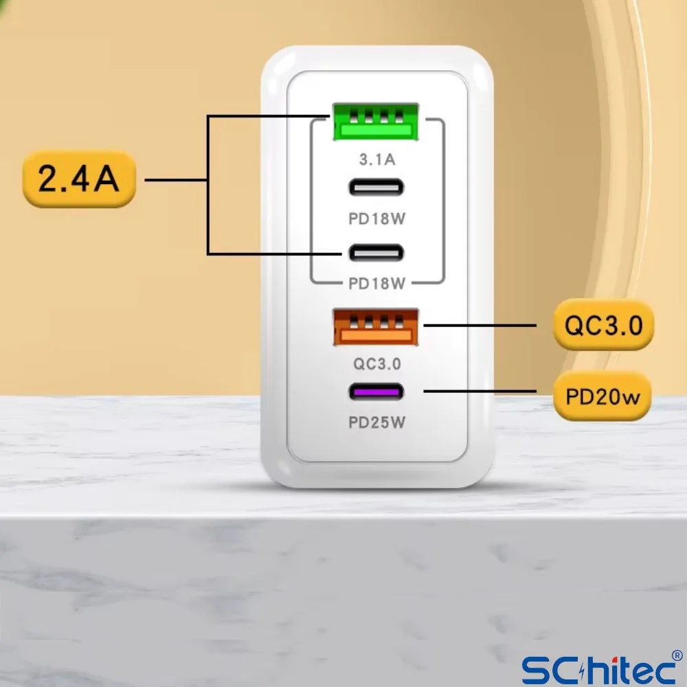 ScHitec 120W 3 Type-C + 2 UsbA Toplam 5 Çıkışlı Ev Tipi Şarj Aleti Set 6A 100W UsbA to Type-C 1Metre Süper Hızlı Data ve Şarj Kablosu SR30