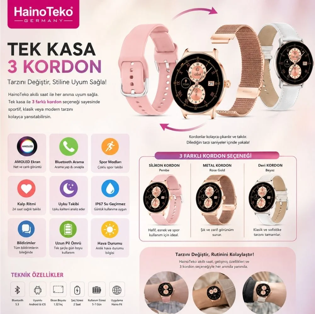 ScHitec Watch Ultra 5 Amoled Ekran Super Slim Tasarım WaterProof 3 Kordonlu Akıllı Saat Gold Rose Teko5