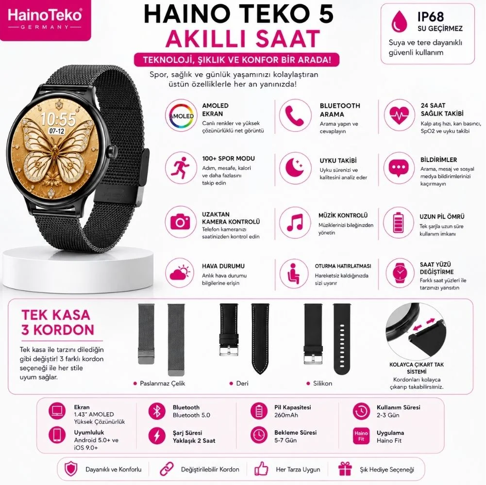 ScHitec Watch Ultra 5 Amoled Ekran Super Slim Tasarım WaterProof 3 Kordonlu Akıllı Saat Titanyum Siyah Teko5