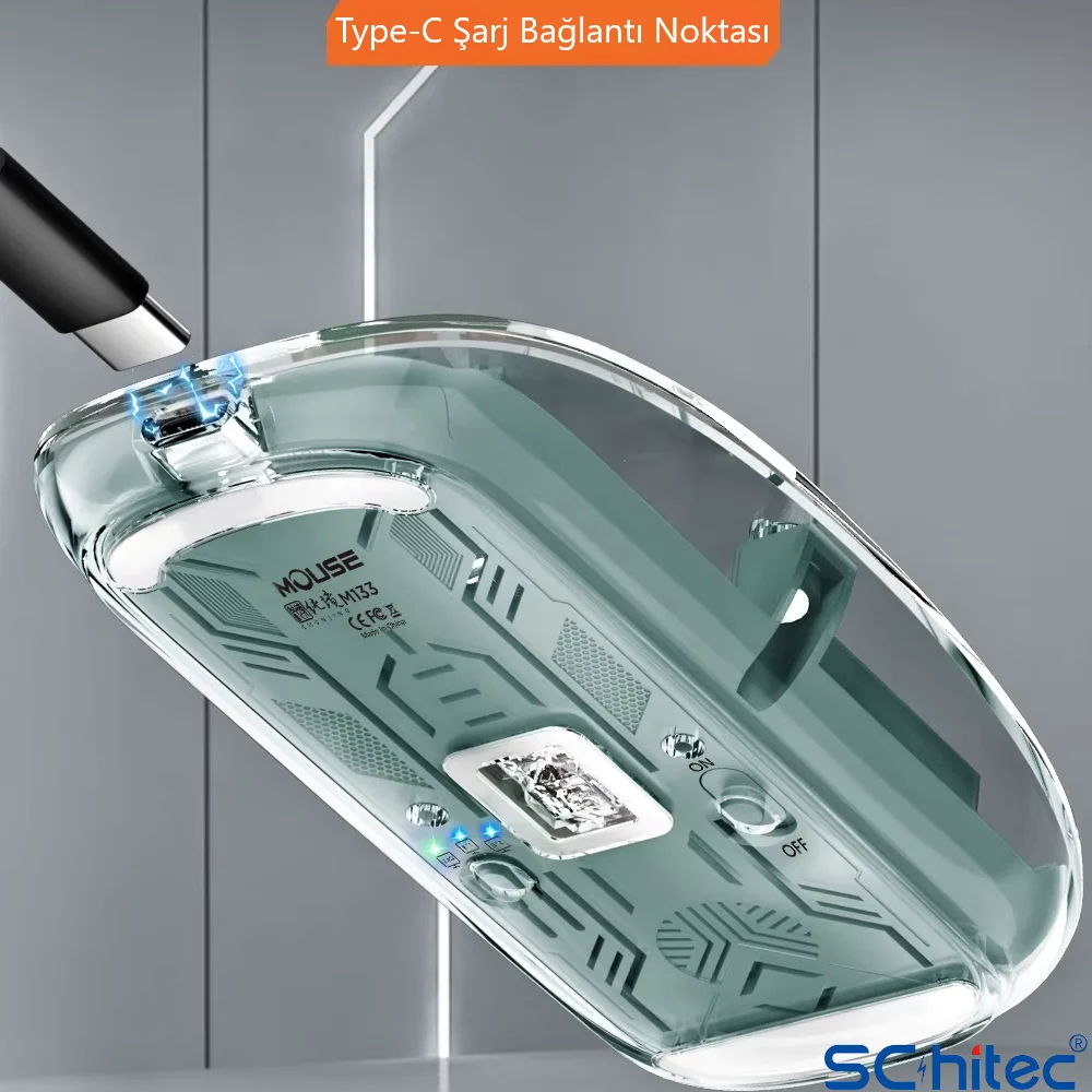ScHitec M377 Ultra Sessiz 3 Bağlantı Modlu 2xBluetooth Kablosuz Bağlantı + 2.4Gh Gaming Type-C Şarjlı Mouse Mavi