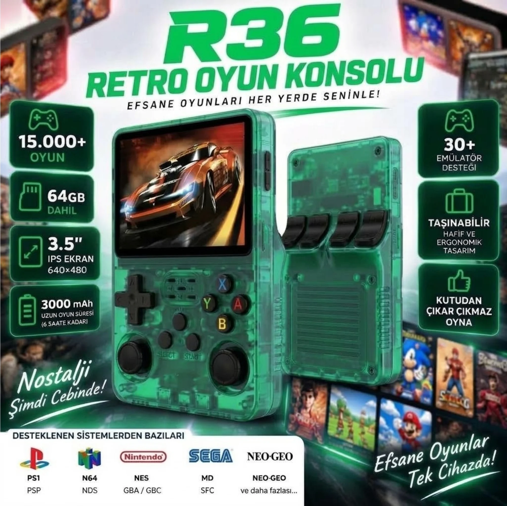 ScHitec 3.5 Inç OTG Çıkışlı Taşınabilir Retro Oyun Konsolu 15000+ Oyunlu Şeffaf Yeşil R36S