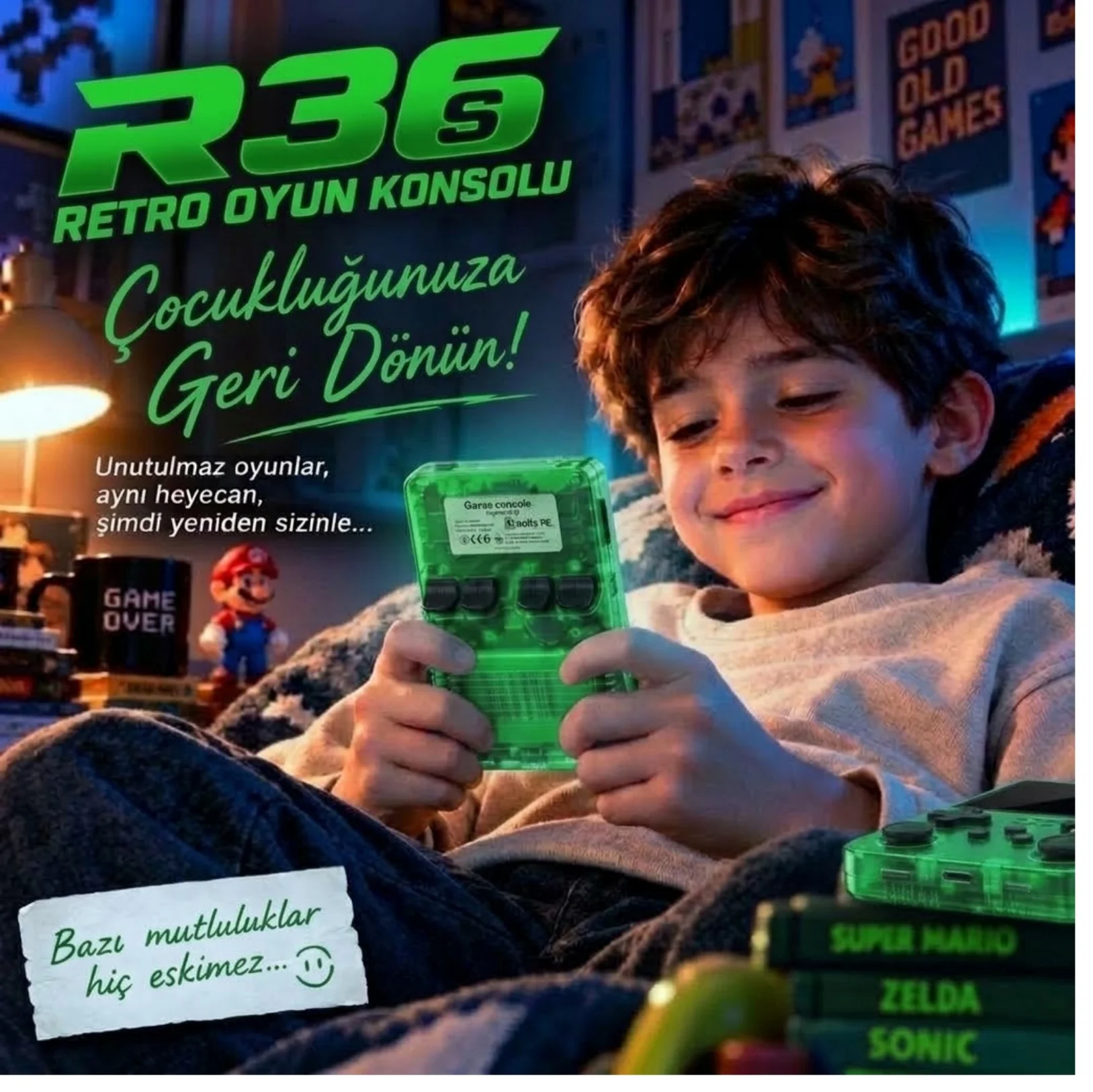 ScHitec 3.5 Inç OTG Çıkışlı Taşınabilir Retro Oyun Konsolu 15000+ Oyunlu Şeffaf Yeşil R36S
