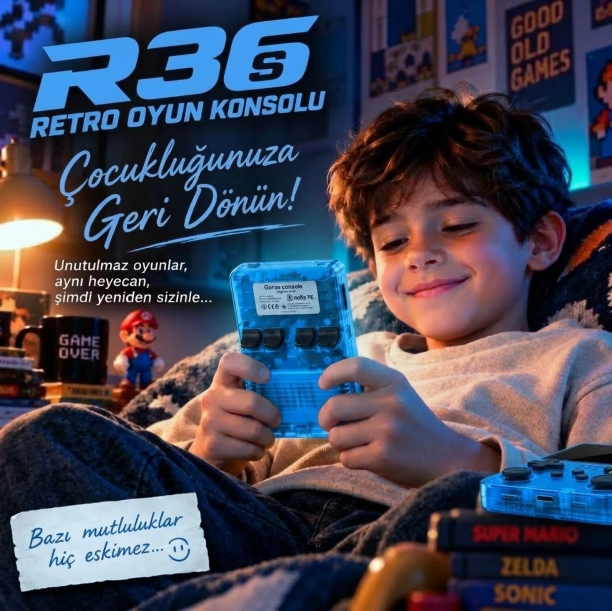 ScHitec 3.5 Inç OTG Çıkışlı Taşınabilir Retro Oyun Konsolu 15000+ Oyunlu Şeffaf Mavi R36S