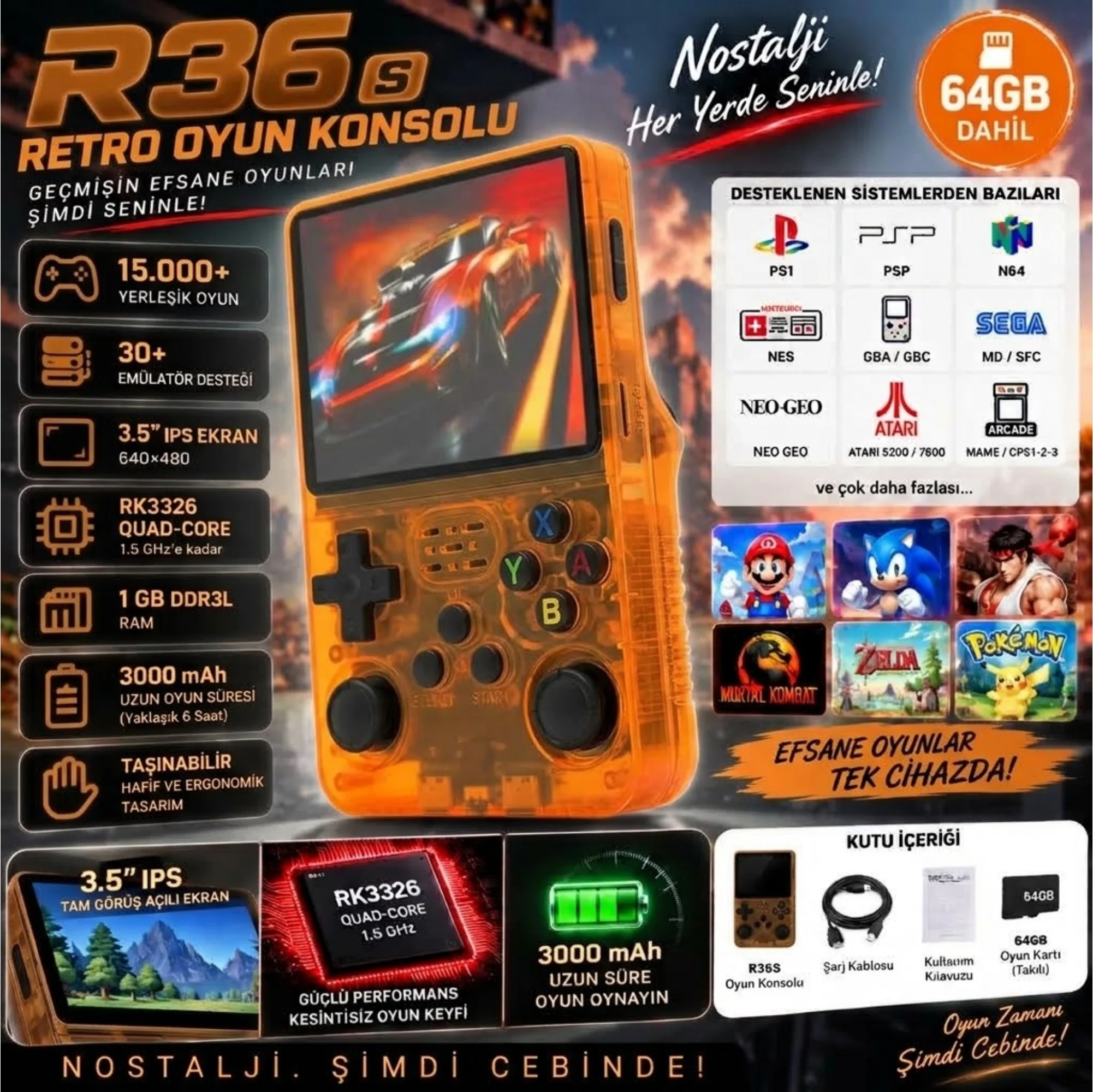 ScHitec 3.5 Inç OTG Çıkışlı Taşınabilir Retro Oyun Konsolu 15000+ Oyunlu Şeffaf Turuncu R36S