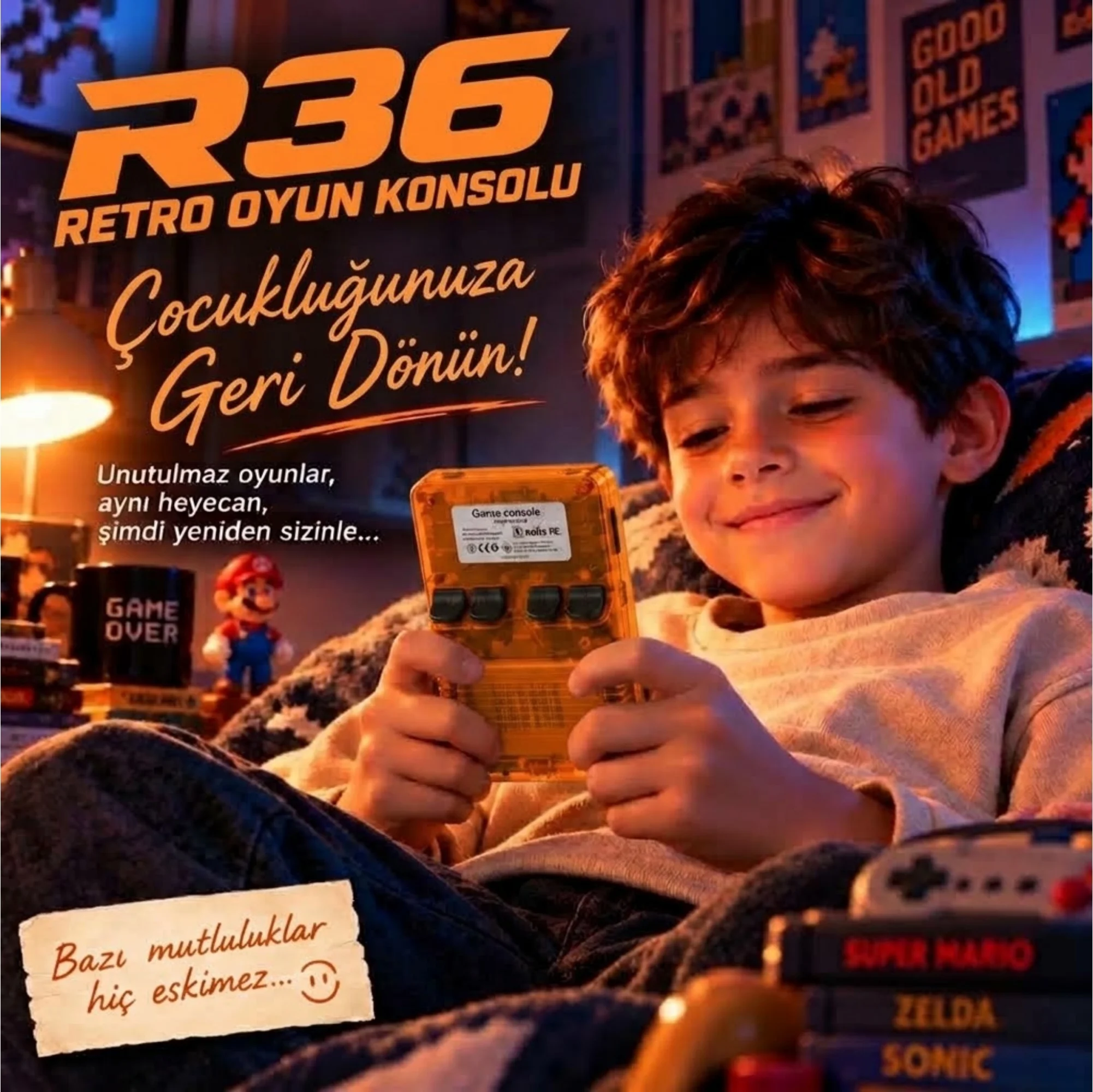 ScHitec 3.5 Inç OTG Çıkışlı Taşınabilir Retro Oyun Konsolu 15000+ Oyunlu Şeffaf Turuncu R36S