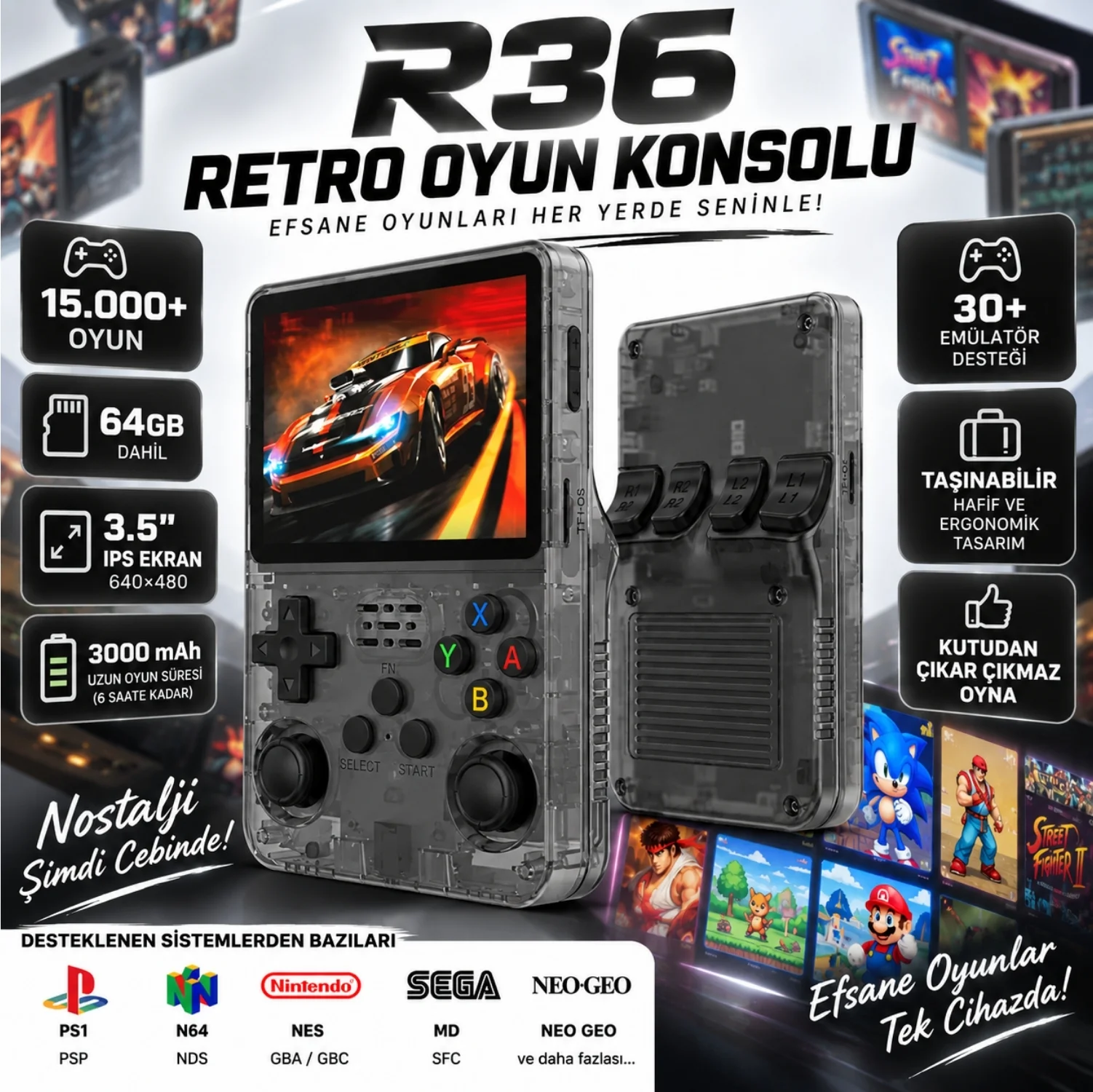 ScHitec 3.5 Inç OTG Çıkışlı Taşınabilir Retro Oyun Konsolu 15000+ Oyunlu  Şeffaf Siyah R36S