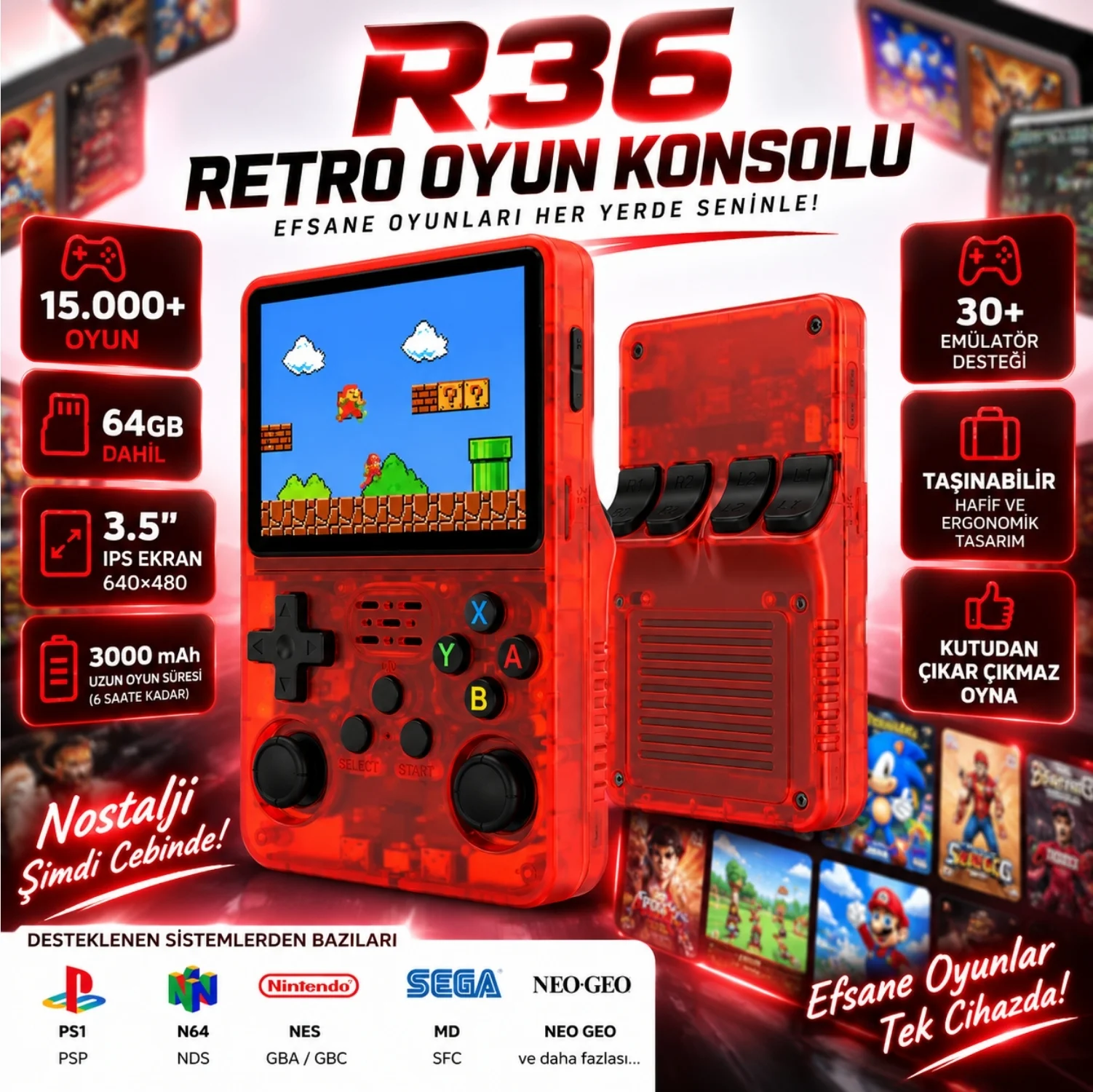 ScHitec 3.5 Inç OTG Çıkışlı Taşınabilir Retro Oyun Konsolu 15000+ Oyunlu Şeffaf Kırmızı R36S