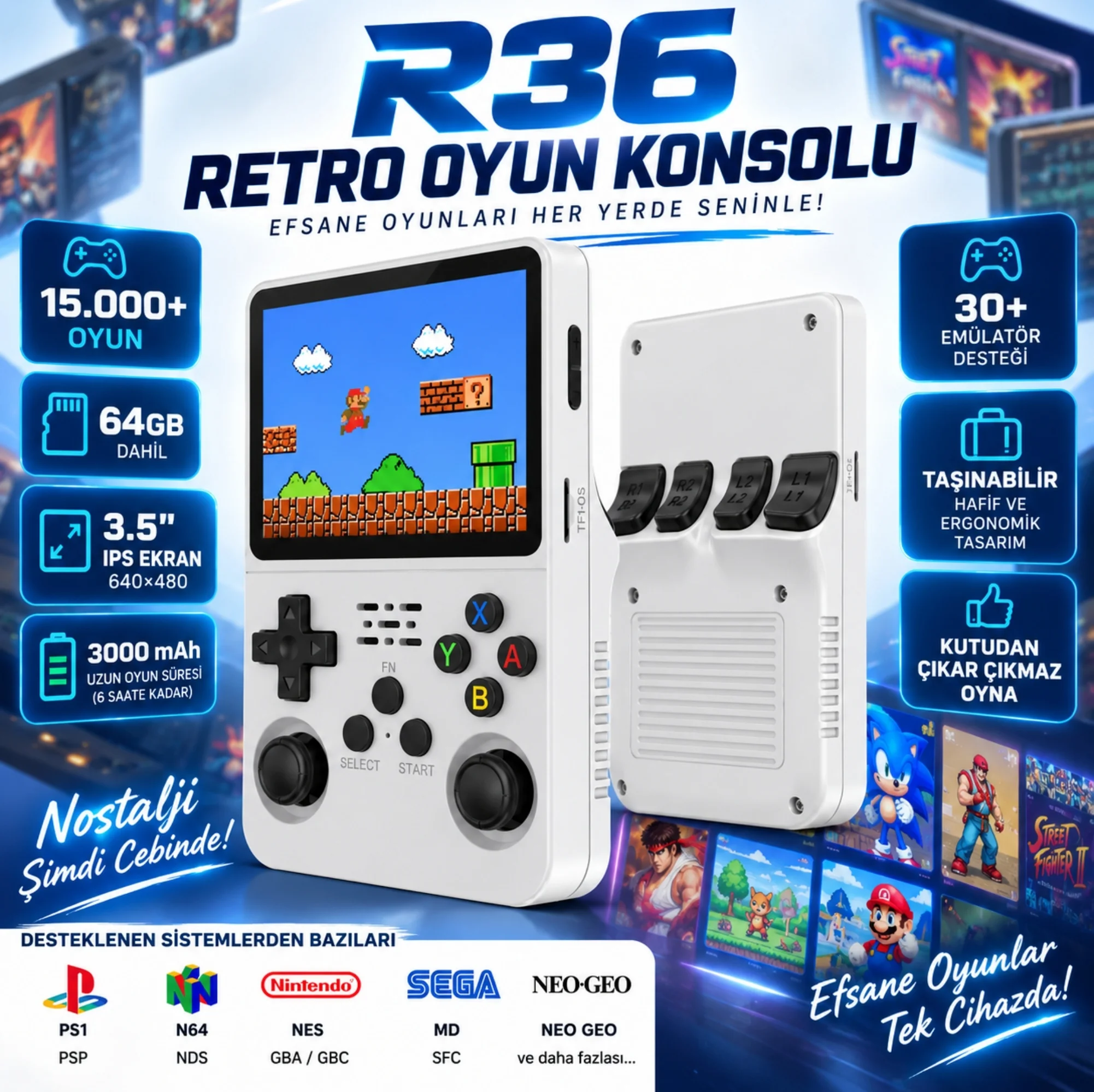 ScHitec 3.5 Inç OTG Çıkışlı Taşınabilir Retro Oyun Konsolu 15000+ Oyunlu Beyaz R36S