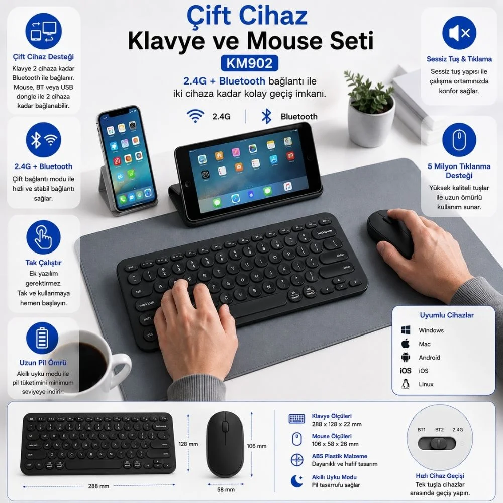 ScHitec Çift Cihaz Bağlantı Özellikli Klavye ve Mouse Set 2.4G+BT Siyah KM902