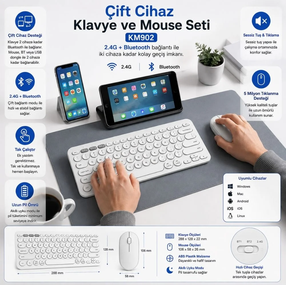 ScHitec Çift Cihaz Bağlantı Özellikli Klavye ve Mouse Set 2.4G+BT Beyaz KM902