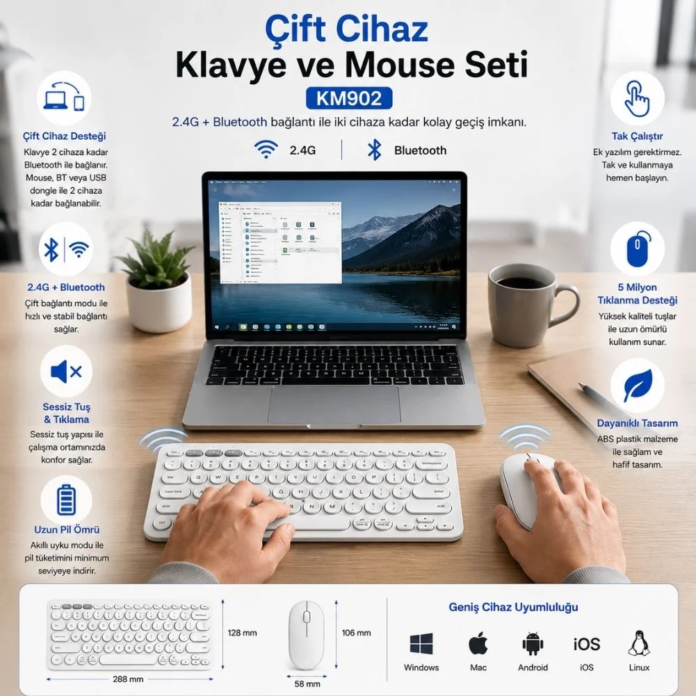 ScHitec Çift Cihaz Bağlantı Özellikli Klavye ve Mouse Set 2.4G+BT Beyaz KM902