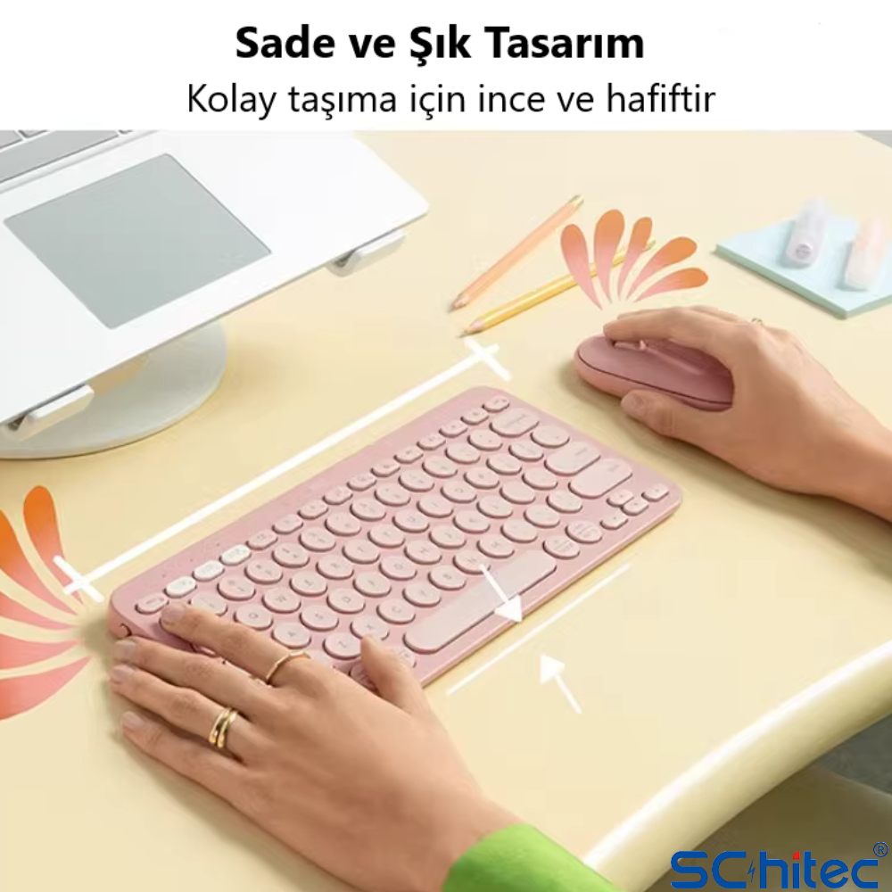 ScHitec Çift Cihaz Bağlantı Özellikli Klavye ve Mouse Set 2.4G+BT Beyaz KM902
