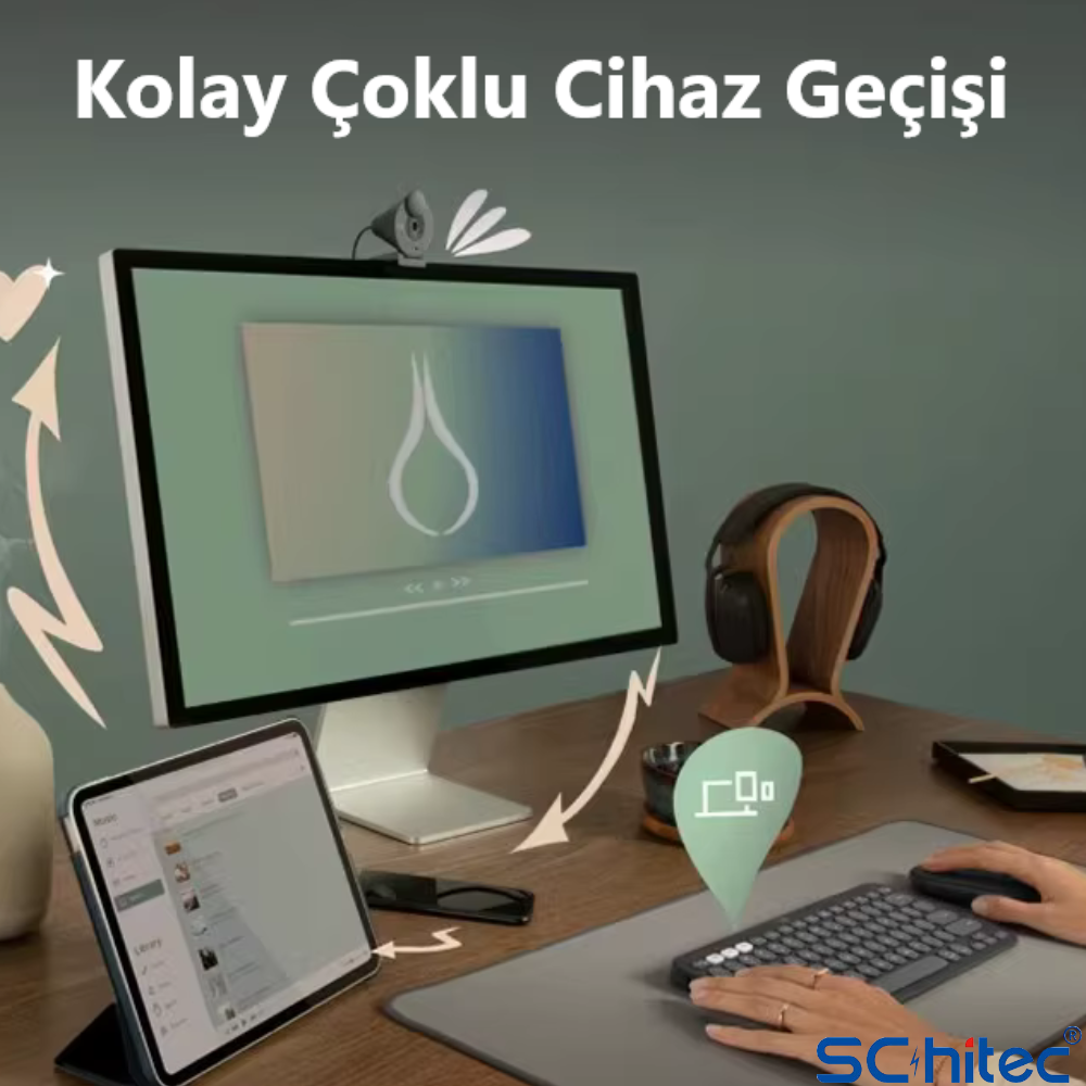 ScHitec Çift Cihaz Bağlantı Özellikli Klavye ve Mouse Set 2.4G+BT Beyaz KM902