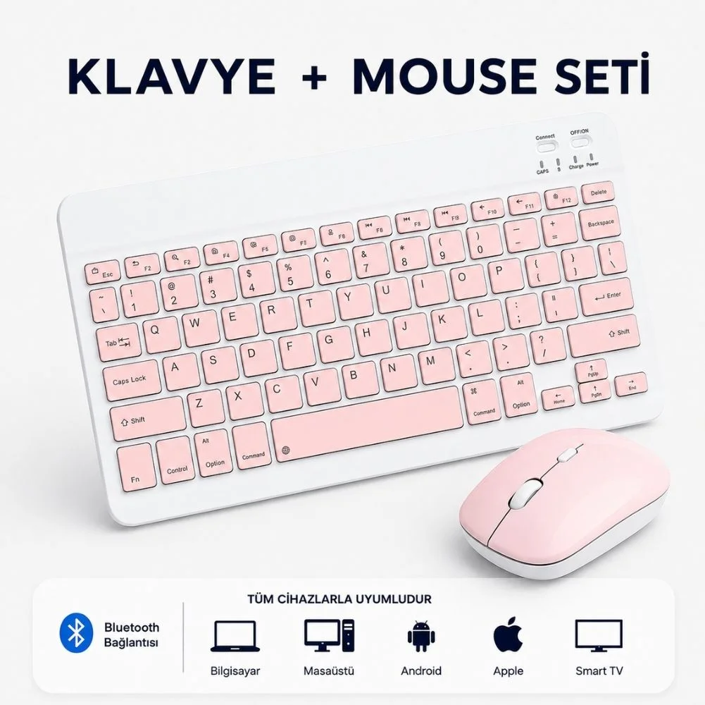 ScHitec Bluetooth Klavye + 2,4 Ghz+Bluetooth Mouse Seti Type-C Şarjlı Pembe