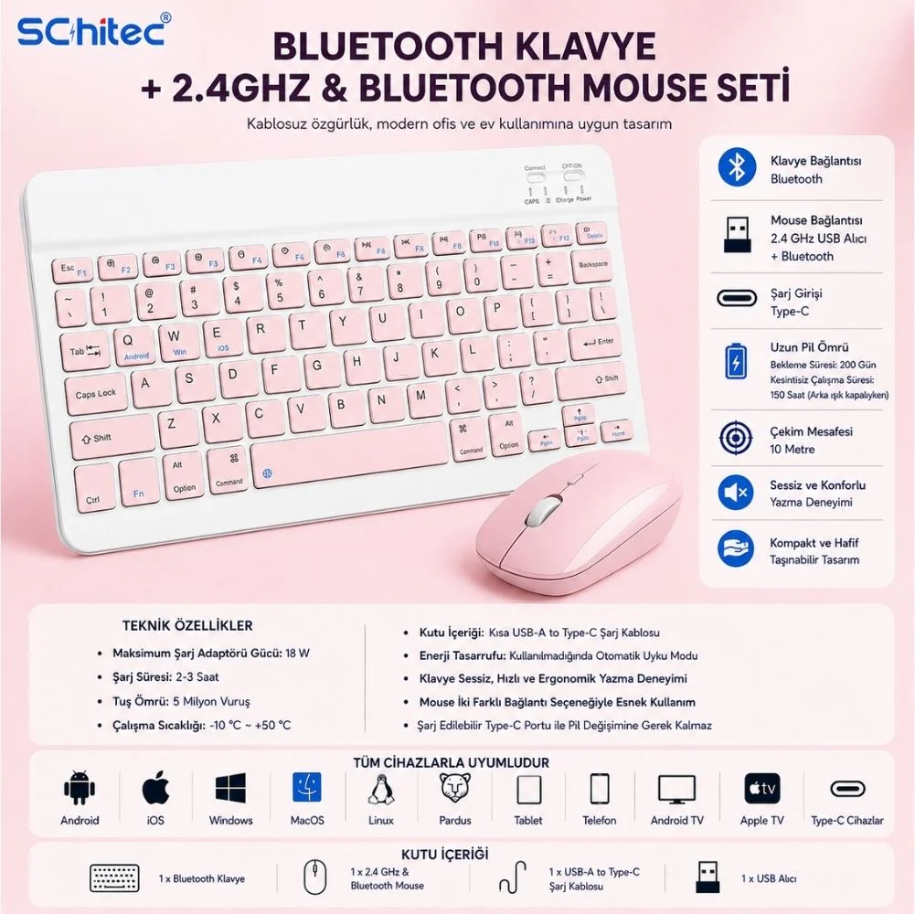 ScHitec Bluetooth Klavye + 2,4 Ghz+Bluetooth Mouse Seti Type-C Şarjlı Pembe