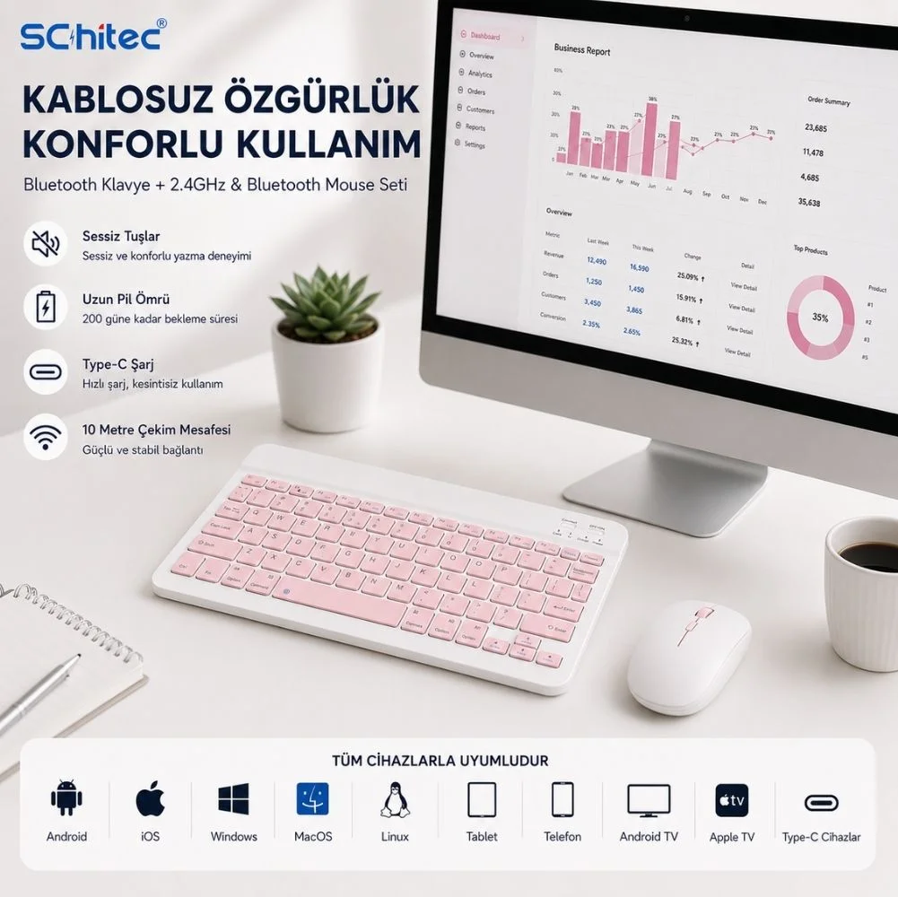 ScHitec Bluetooth Klavye + 2,4 Ghz+Bluetooth Mouse Seti Type-C Şarjlı Pembe