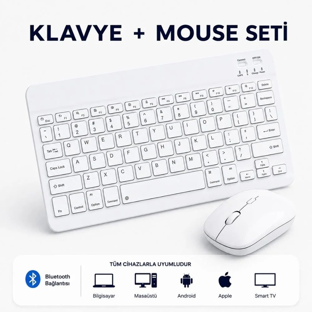 ScHitec Bluetooth Klavye + 2,4 Ghz+Bluetooth Mouse Seti Type-C Şarjlı Beyaz