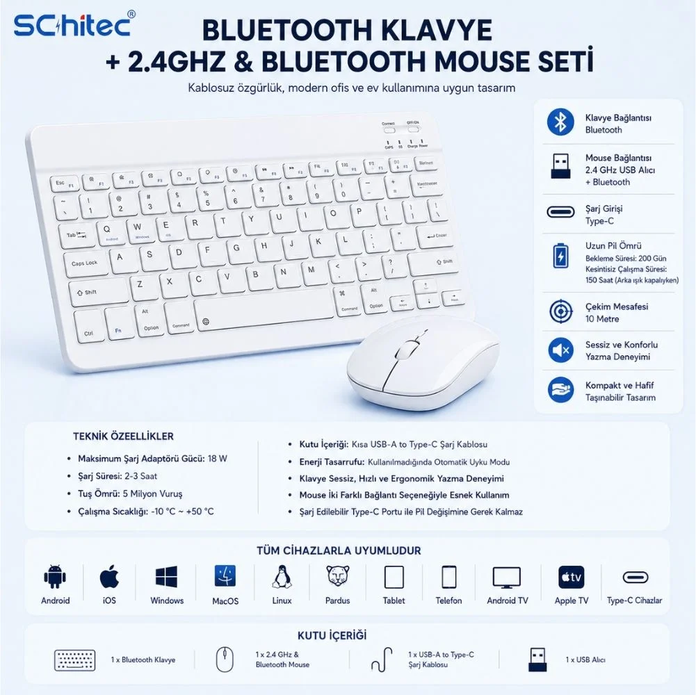 ScHitec Bluetooth Klavye + 2,4 Ghz+Bluetooth Mouse Seti Type-C Şarjlı Beyaz