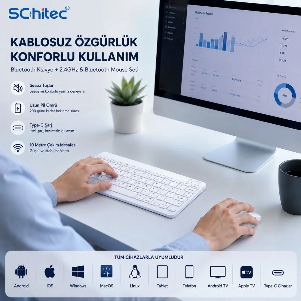 ScHitec Bluetooth Klavye + 2,4 Ghz+Bluetooth Mouse Seti Type-C Şarjlı Beyaz