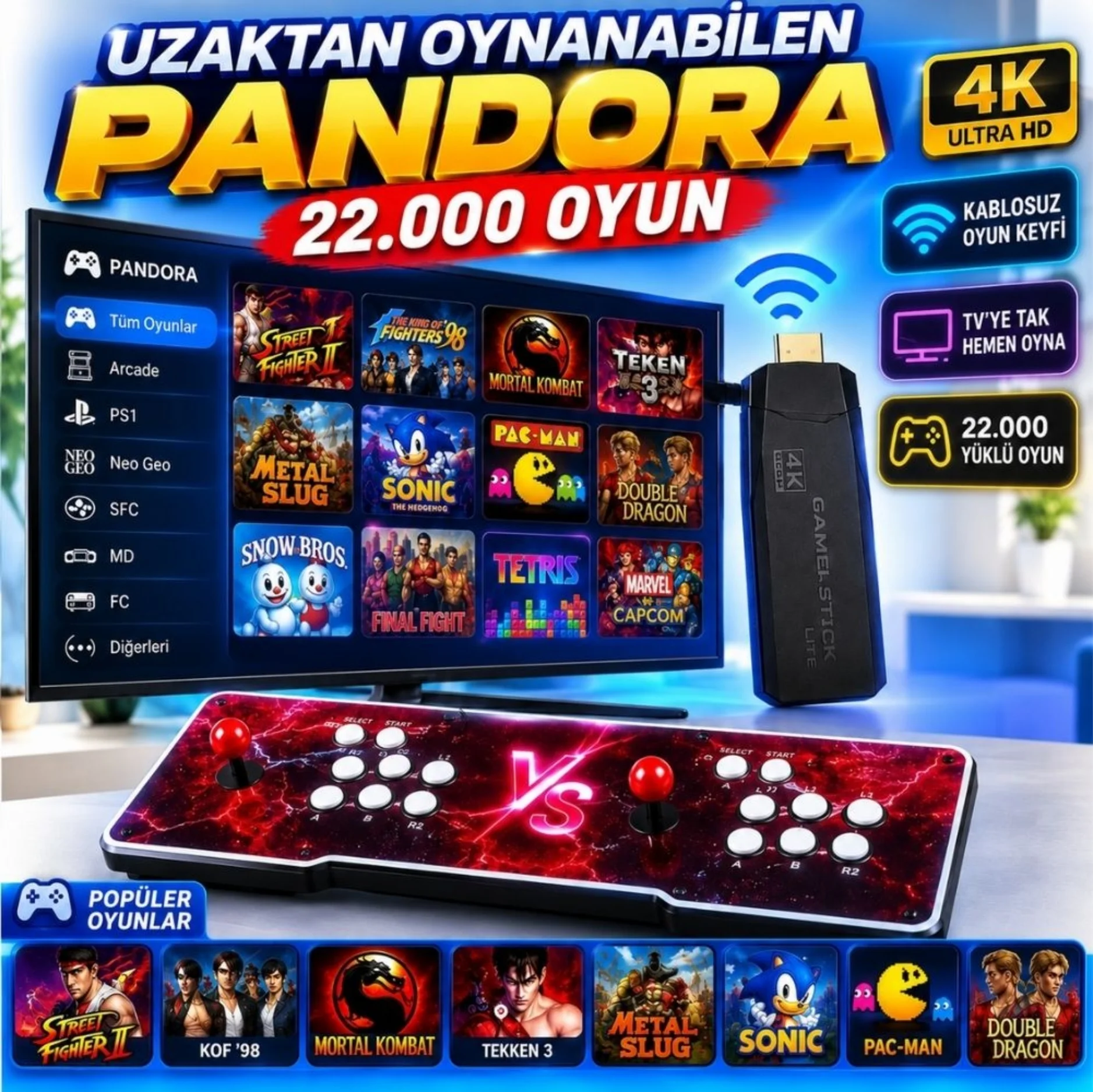 ScHitec 4KHD 3D Gamebox Arcade Pandora 21.000 Oyunlu Uzaktan Oynanabilir TV  Konsolu