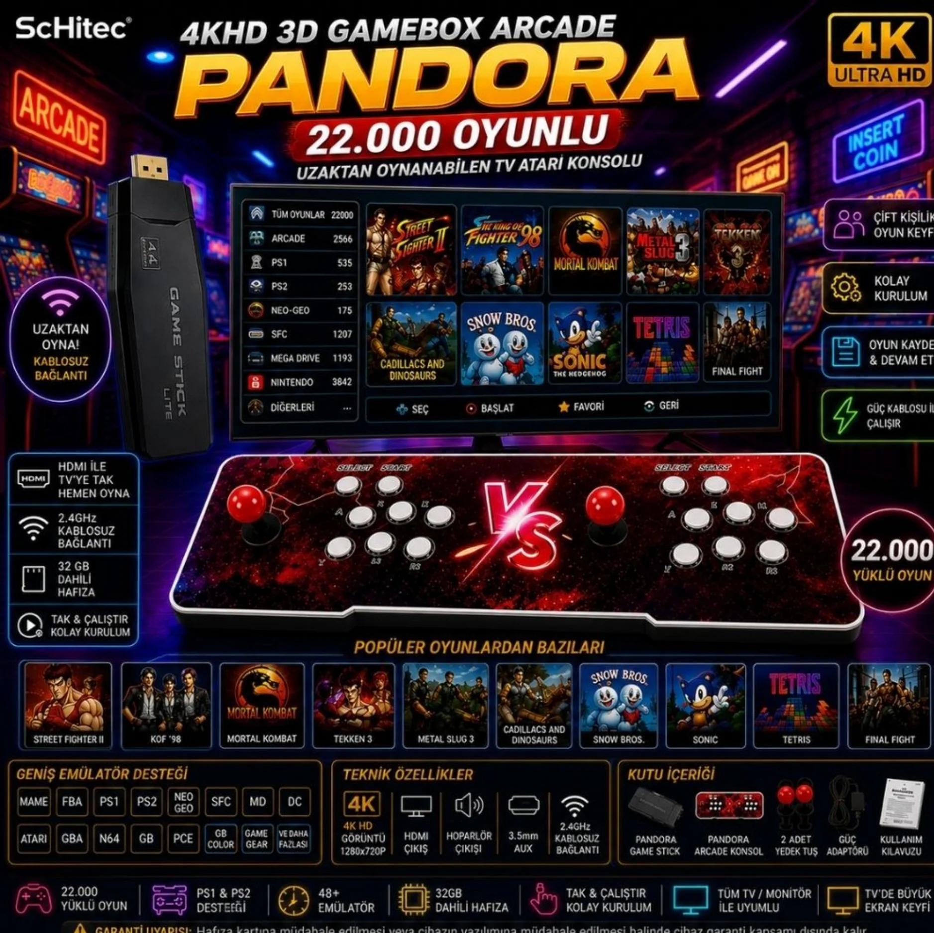 ScHitec 4KHD 3D Gamebox Arcade Pandora 21.000 Oyunlu Uzaktan Oynanabilir TV  Konsolu
