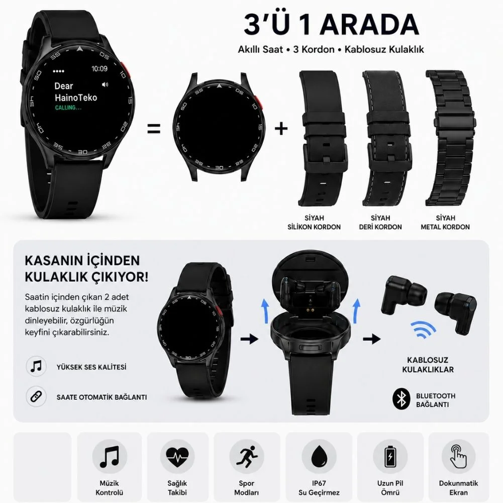 Haino Teko ST-7 Akıllı Saat BUDS Kulaklıklı 1 Kasa 3 Değiştirilebilir Kordon Bluetooth Siyah Kasa