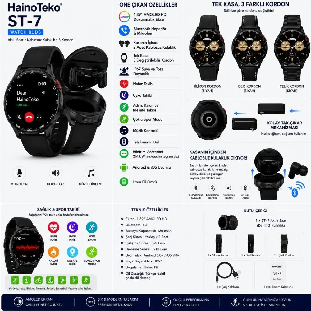 Haino Teko ST-7 Akıllı Saat BUDS Kulaklıklı 1 Kasa 3 Değiştirilebilir Kordon Bluetooth Siyah Kasa