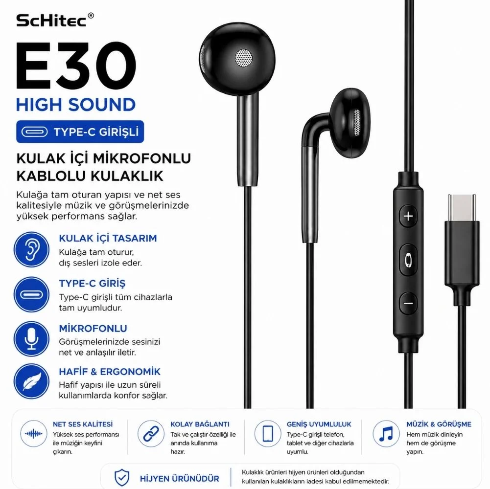 ScHitec E30 High Sound Type-C girişli Kulak İçi Mikrofonlu Kablolu Kulaklık Siyah