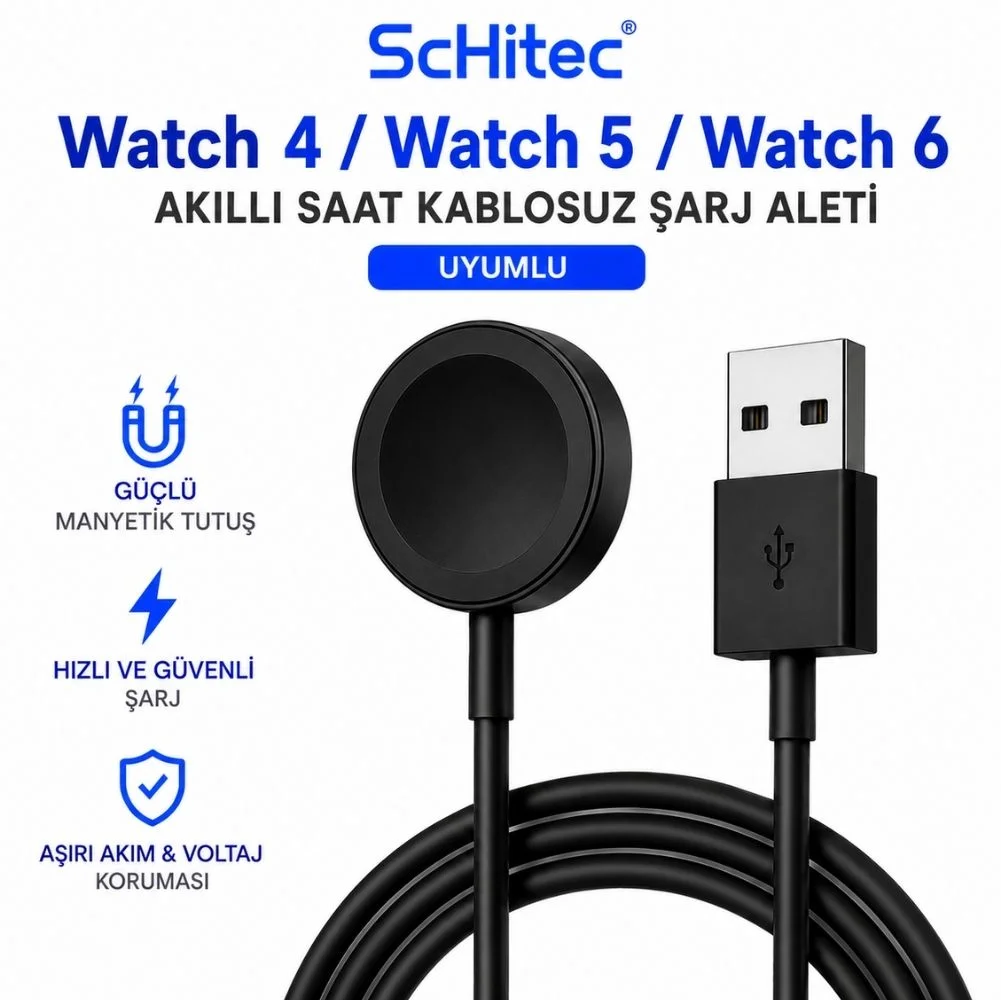 ScHitec Samsung Watch 4/Watch 5/ Watch 6 Uyumlu UsbA Girişli Fast Wireless Akıllı Saat Şarj Cihazı