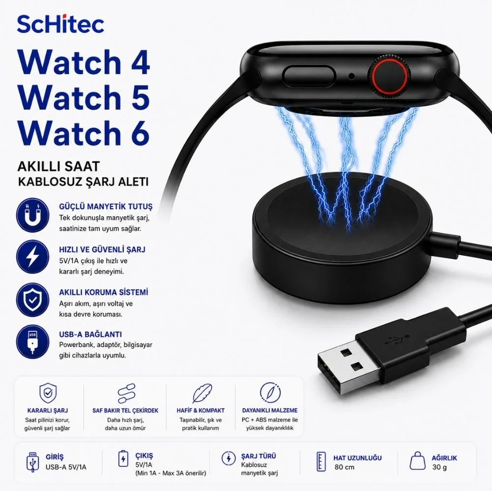 ScHitec Samsung Watch 4/Watch 5/ Watch 6 Uyumlu UsbA Girişli Fast Wireless Akıllı Saat Şarj Cihazı