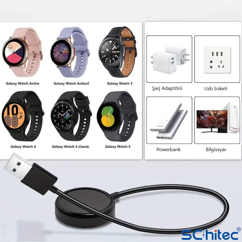 ScHitec Samsung Watch 4/Watch 5/ Watch 6 Uyumlu UsbA Girişli Fast Wireless Akıllı Saat Şarj Cihazı