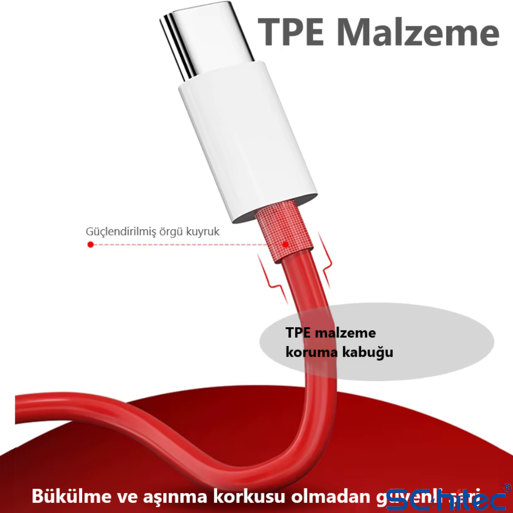 ScHitec 6A 60W UsbA to Type-C Hızlı Data ve Turbo Fast Şarj Kablosu 100cm Kırmızı K323