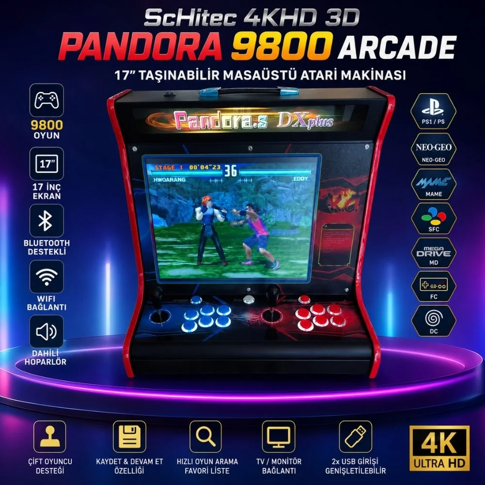 ScHitec 4KHD 3D Pandora 9800 Arcade Oyunlu Taşınabilir Pandora Masaüstü Kabinli 17inç Atari Makinası