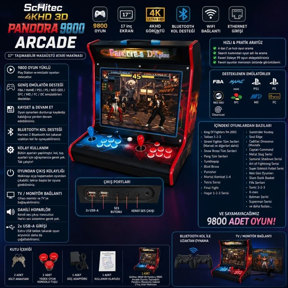 ScHitec 4KHD 3D Pandora 9800 Arcade Oyunlu Taşınabilir Pandora Masaüstü Kabinli 17inç Atari Makinası