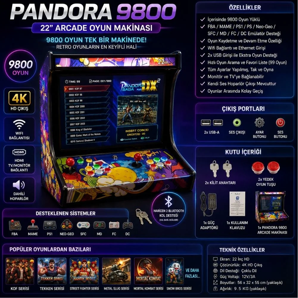 ScHitec 4K 3D Pandora 9800 Arcade Oyunlu Taşınabilir Pandora Masaüstü Kabinli 22inç Atari Makinası