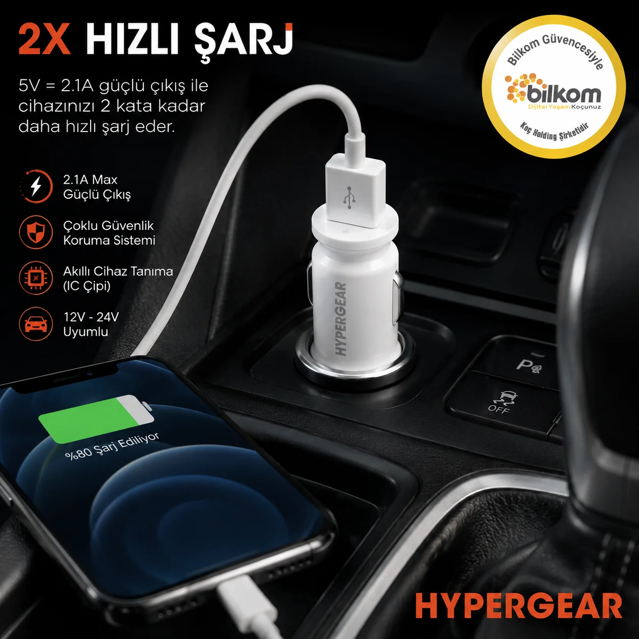 Hypergear 2.1A  2X Hızlı Araç Şarj Aleti Başlığı Beyaz