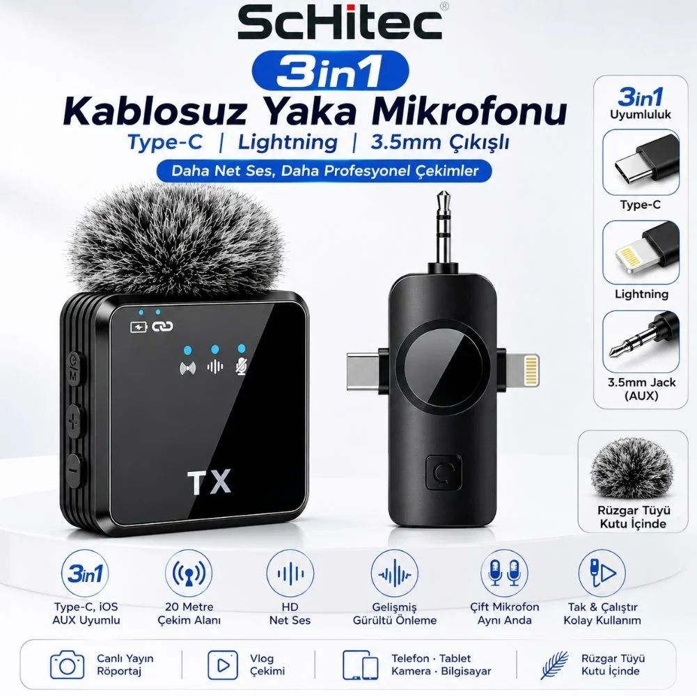 ScHitec 3in1 Type-C Lightning 3.5mm Çıkışlı İkili Kablosuz HD Wireless Yaka Mikrofonu F11-2