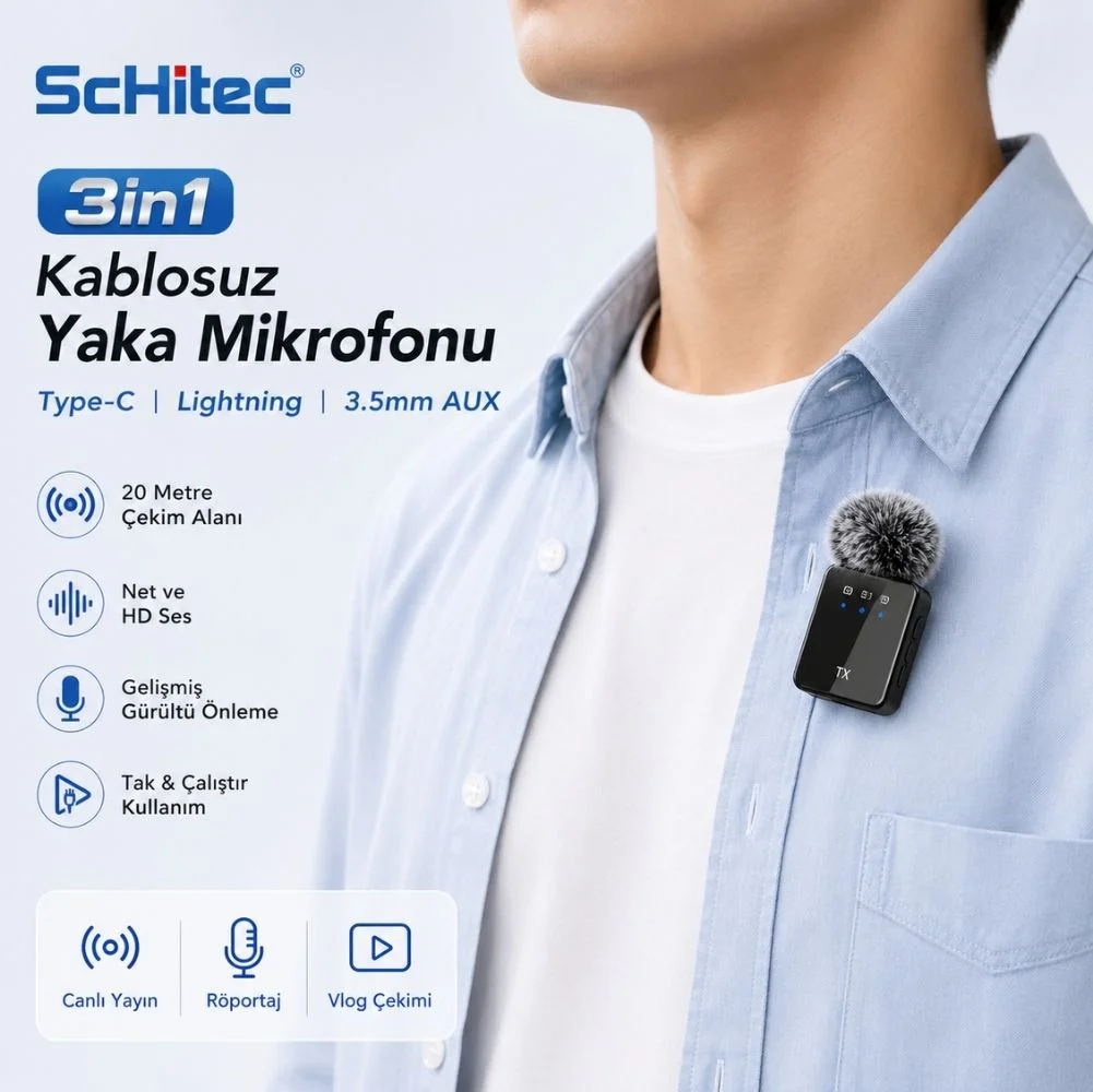 ScHitec 3in1 Type-C Lightning 3.5mm Çıkışlı İkili Kablosuz HD Wireless Yaka Mikrofonu F11-2