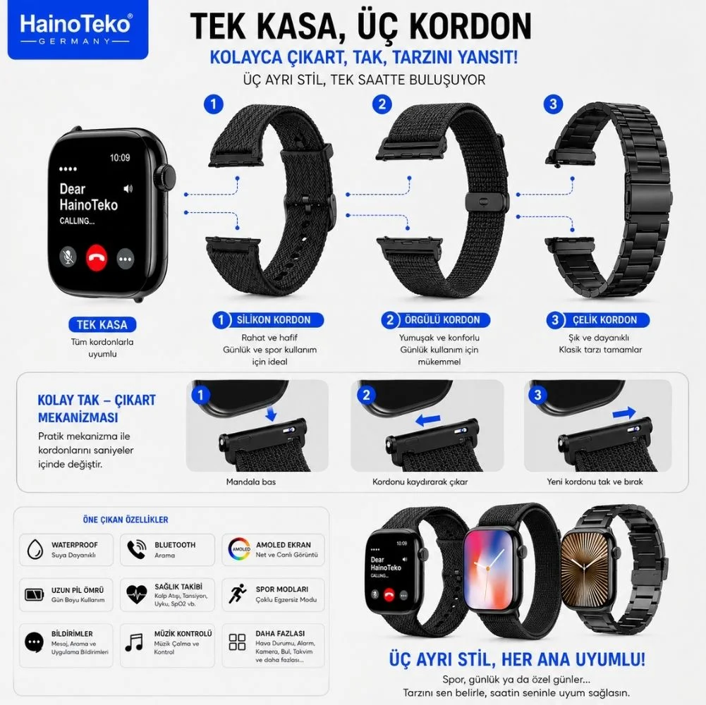 Haino Teko Watch Ultra 10 Amoled Ekran WaterProof 3 Kordonlu Akıllı Saat Siyah Teko10
