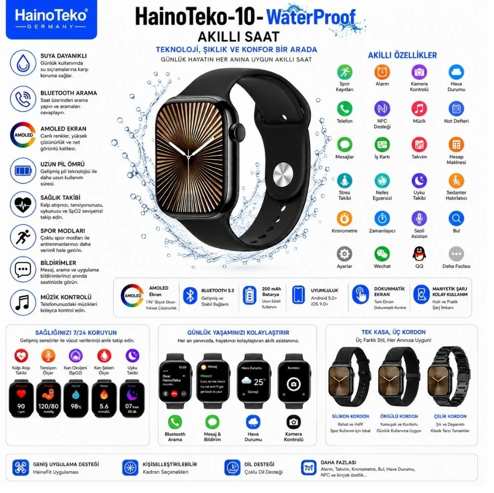 Haino Teko Watch Ultra 10 Amoled Ekran WaterProof 3 Kordonlu Akıllı Saat Siyah Teko10