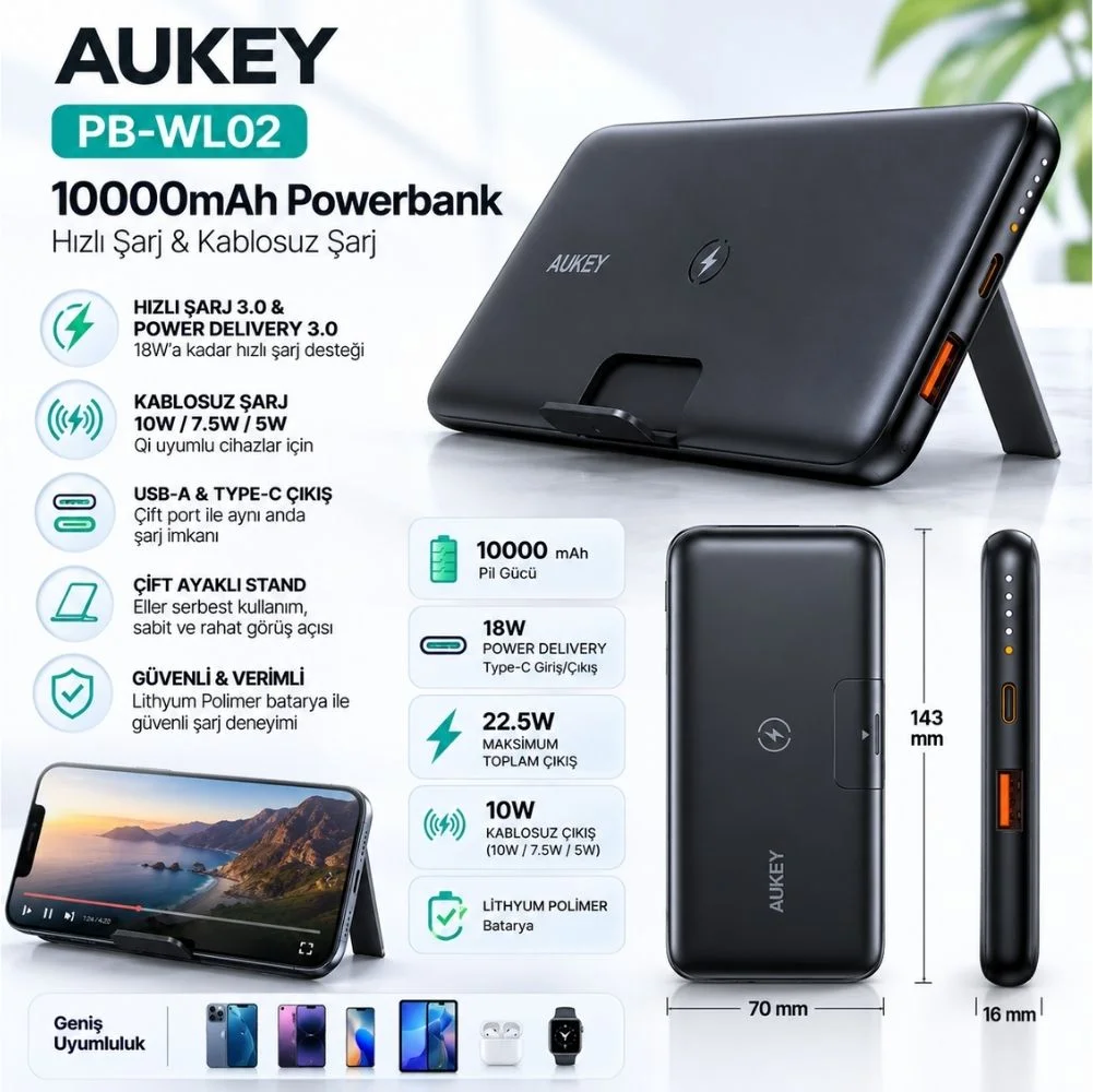 Aukey UsbA&Type-C Çıkışlı Wireless Kablosuz Süper Şarj 10000mAh Powerbank Siyah PB-WL02